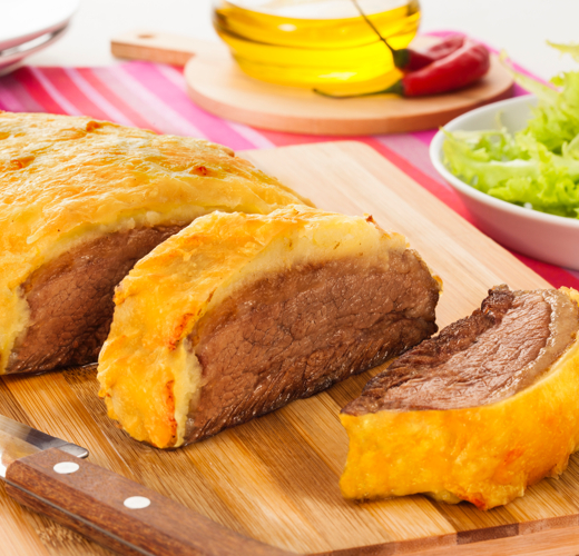 Fraldinha assada com crosta de purê de batata