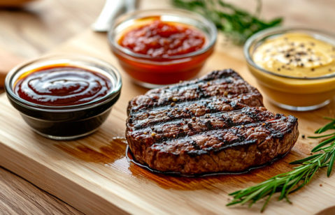 salsicha frankfurt em uma tabua de madeira com molho