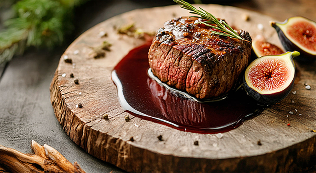 Filé mignon suculento com molho de vinho tinto, guarnecido com alecrim fresco e acompanhado por figos caramelizados. Uma explosão de sabores e texturas em um prato elegante sobre base rústica de madeira.