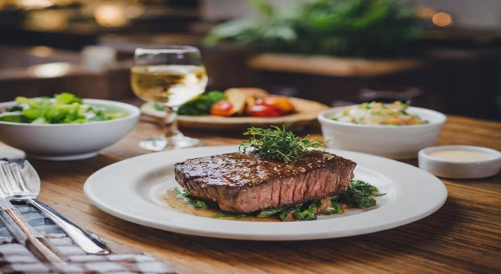 Prato de carne com molho e vegetais frescos