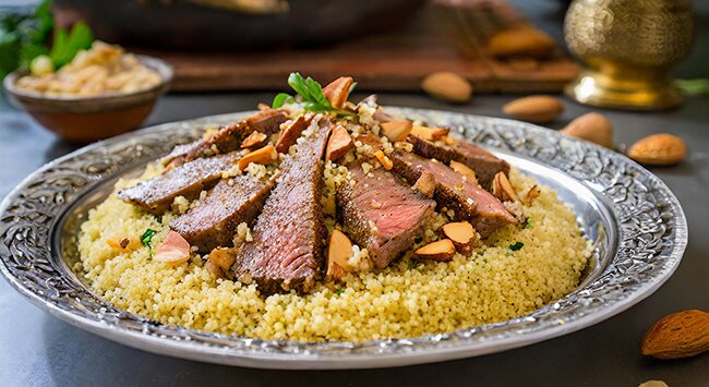 Prato de cuscuz com carne e amêndoas crocantes