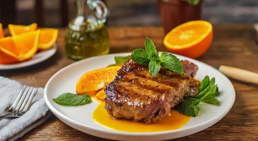Bife grelhado com molho de laranja e hortelã