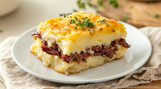 Uma porção de escondidinho de carne seca com purê de mandioquinha, queijo gratinado e coentro fresco, servido em uma travessa branca. O prato tem uma crosta dourada.
