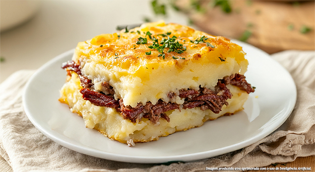 Escondidinho de carne seca com purê de mandioquinha