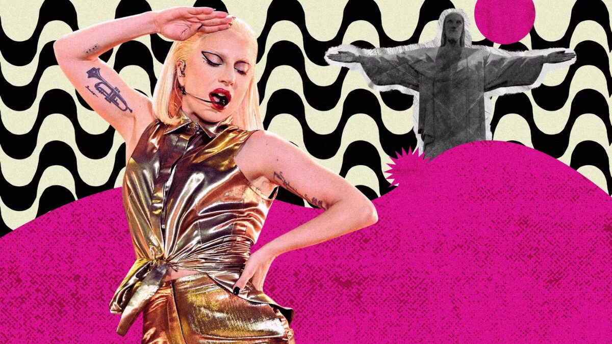 Uma composição gráfica exibe Lady Gaga cantando com um microfone headset, vestindo uma roupa dourada. Ao fundo, o padrão do calçadão de Copacabana e o Cristo Redentor. Saiba o que Lady Gaga deve comer durante sua turnê no Brasil.