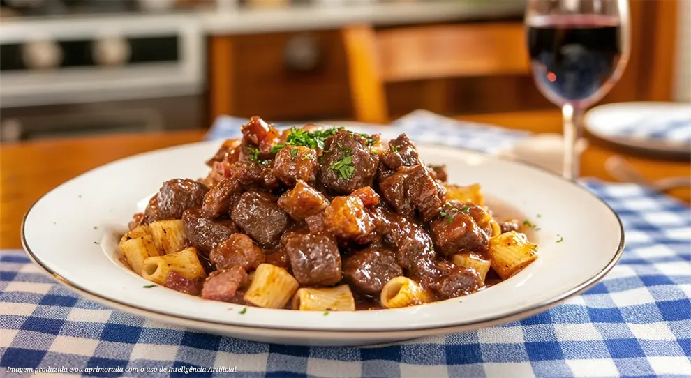 Prato de carne com massa e vinho tinto ao fundo