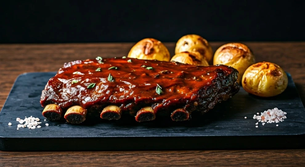 Costela grelhada com molho barbecue e batatas assadas