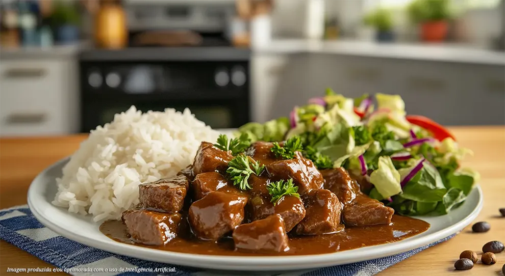 Prato de carne com arroz e salada colorida