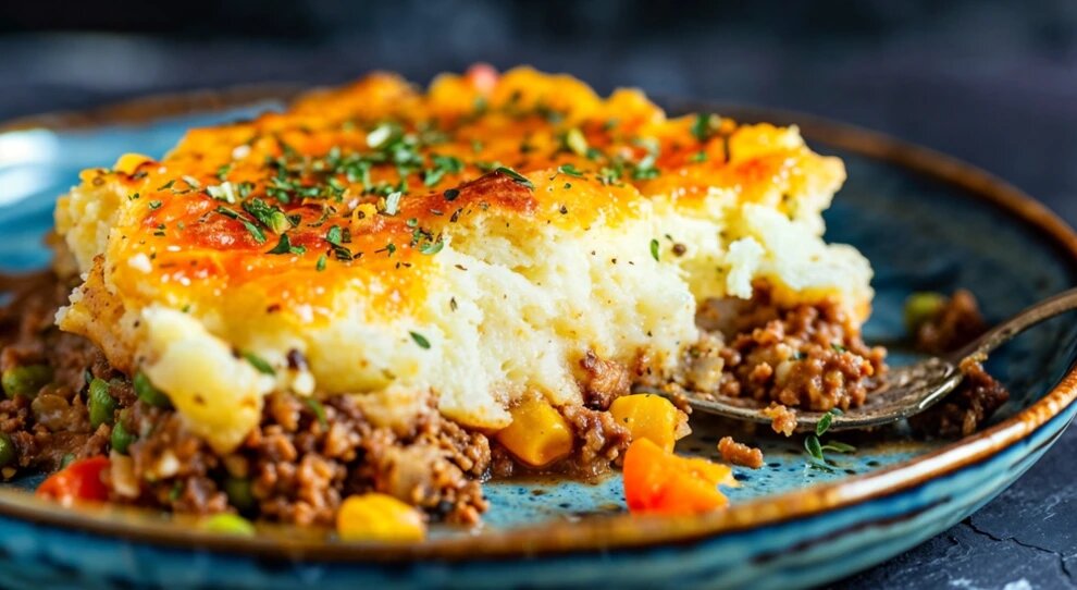 Deliciosa torta de carne com purê e queijo gratinado